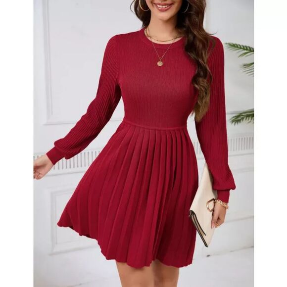 Long Sleeve Ribbed Knit Crew Neck Pleated Sweater Dresses Size Large - Picture 1 of 9